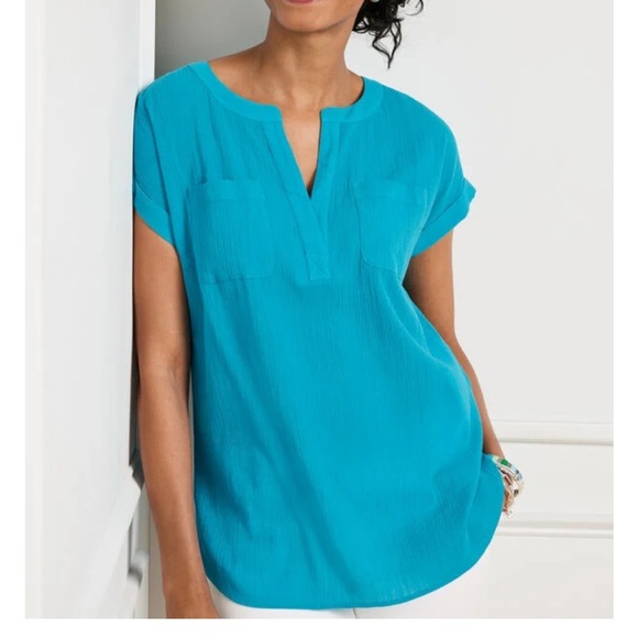 Talbots Gauze Popover Coral Blouse with Short Sleeves Size S - Picture 5 of 6